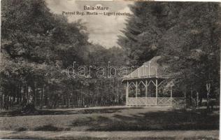 Nagybánya, Baia Mare; park, 'vissza' So. Stpl (hátoldalán a bélyeg alatt nemzeti színű szalag)