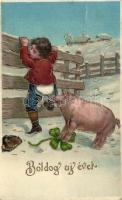 New Year, pig, boy, humour, litho (fa)