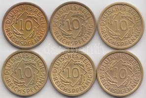 Német Birodalom / Weimari Köztársaság 1924F 10Pf + 1925F/G 10Pf 2db + 1935A/D/J 10 Pf 3db T:2,2- Germany - Weimar Republic 1924F 10 Pfennig + 1925F/G 10 Pfennig 2pcs + 1935A/D/J 10 Pfennig 3pcs C:XF,VF
