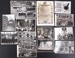 cca 1950-1960 Tiszavölgyi József: Felvonulások, kommunista életképek jelmondatokkal, Lenin, Sztálin, Rákosi fotóival; 13 db vintage fotó, többsége pecséttel jelzett, egy kép sérült, 9x12 és 13x18 m közötti méretben.