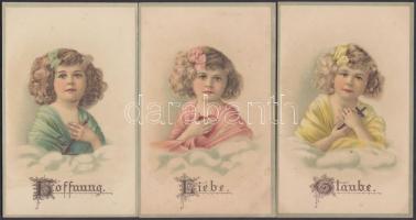 3 db régi, vallási témájú, "Hit, remény, szeretet", dombornyomott, litho képeslap / 3 old motive cards, religion, "Faith, hope, love", embossed cards