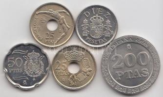 Spanyolország 1984-2001. 10P + 25P (2klf) + 50P + 200P + 500P T:1,2 Spain 1984-2001. 10 Pesetas + 25 Pesetas (2diff.) + 50 Pesetas + 200 Pesetas + 500 Pesetas C:UNC,XF