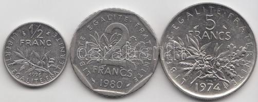 Franciaország 1974. 5Fr + 1980. 2Fr + 1996. 1/2Fr T:1,2 France 1974. 5 Francs  + 1980. 2 Francs + 1996. 1/2 Franc C:UNC,XF