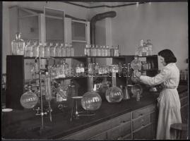 cca 1950-1960 Dr. Csörgeő Tibor (1869-1868): Kémia laborban; vintage fotóművészeti alkotás, jelzetlen, a szerző hagyatékából, 18x24 cm.