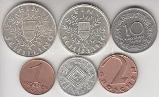 Ausztria 1924. 1Sch Ag + 1925. 10Gr + 1/2Sch Ag + 1Sch Ag + 1927. 2Gr + 1929. 1Gr T:1-,2 Austria 1924. 1 Schilling Ag + 1925. 10 Groschen + 1/2 Schilling Ag + 1 Schilling Ag + 1927. 2 Groschen + 1929. 1 Groschen C:AU,XF