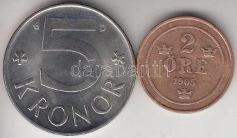 Svédország 1905. 2ö Cu + 1991. 5K T:2-,1- Sweden 1905. 2 Ore Cu + 1991. 5 Kronor C:VF,AU