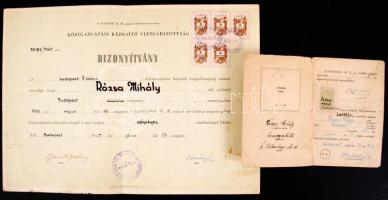 1946-1947 Bp., Közigazgatási képesítő tanfolyam leckekönyve és bizonyítvány Rózsa Mihály nevére kiállítva.