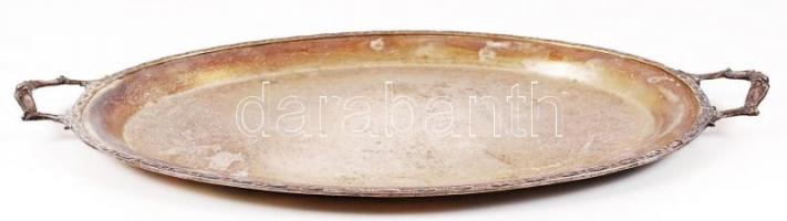 Antik füles nagy tálca, díszített peremmel, 60×34 cm