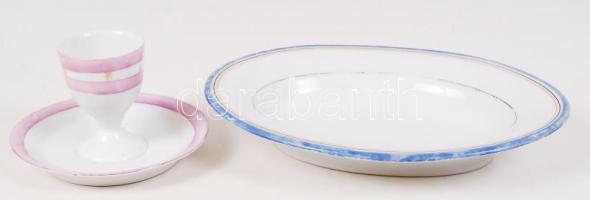 2db, régi, jelzetlen porcelán: egy tojástartó és egy tálka /  Vintage porcelain egg cup and plate, 7x11cm, 20x15,5cm