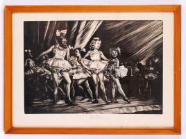 Bordás Ferenc (1911-1982): Balettozók. Fametszet, papír, jelzett, foltos, üvegezett keretben, 23×33 cm
