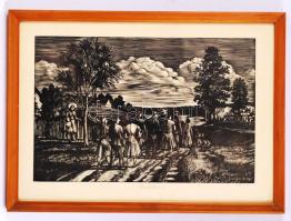 Bordás Ferenc (1911-1982): Faluvégi séta. Fametszet, papír, jelzett, foltos, üvegezett keretben, 23×33 cm