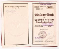 1941-1945 Oberleutensdorf betétkönyve, a cseh-német határon, kitöltve, a város körbélyegzőjével, először a birodalmi márka, majd korona feltüntetésével, 21 p.