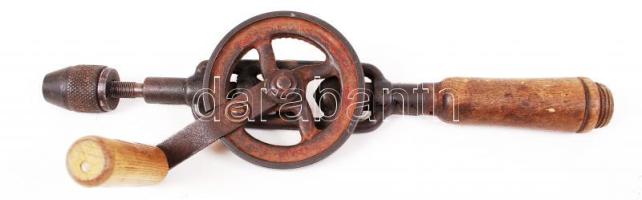Antik tekerős kézi fúró, h:31 cm