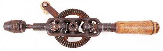 Antik tekerős kézi fúró, h:31 cm
