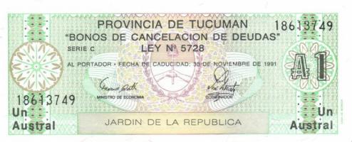 Argentína / Tucuman provincia DN 1A "JARDEN DE LA REPUBLICA" T:I- Argentina / Province of Tucuman ND 1 Australes "JARDIN DE LA REPUBLICA" C:AU Krause S2711