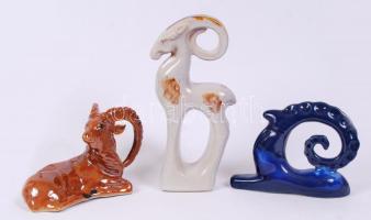 Kos és zerge tétel, mázas kerámiák, hibátlanok, egyik jelzett, összesen:3 db m:30 cm, h:20 és 22 cm