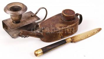 Réz "Szilágyi László műóriás specialista" gravírozott órás olajozó kanna, réz levélnyitó k...