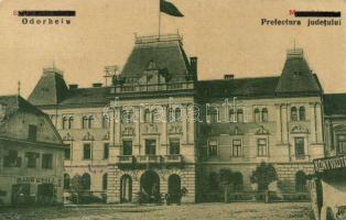 Székelyudvarhely, Odorheiu; Megyeház, Bagó Gyula kereskedése / county hall, shop, 'vissza' So. Stpl