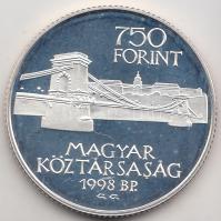 1998. 750Ft Ag "Budapest egyesítésének 125. évfordulója" T:PP Dísztokban. Tanúsítvánnyal