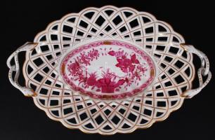 Herendi indiai kosár mintás áttört kosár, kézzel festett, jelzett, hibátlan, m:8 cm, 22×35 cm