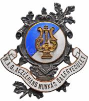 ~1900. "M.Á.G. (Magyar Általános Gépgyár) Aczélhang Munkás Dalegyesület" zománcozott ezüstözött bronz jelvény, hátlapján "A. BELADA WIEN VII. 2 BURGGASSE 40" ovális gyártói jelzéssel (58x48mm) T:1- Hungary ~1900. "Singing Association of the Hungarian General Machine Factory" enamelled silver plated bronze badge with "A. BELADA WIEN VII. 2 BURGGASSE 40" hallmark (58x48mm) C:AU