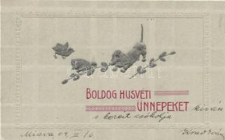 Easter, dog with birds, Emb.