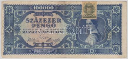 1945. 100.000P "kék" zöld bélyeggel T:III- (apró szakadások)  Hungary 1945. 100.000 Pengő blue type with green stamp C:VG (small tears) Adamo P24e