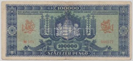 1945. 100.000P "kék" zöld bélyeggel T:III- (apró szakadások) 
Hungary 1945. 100.000 Pengő ...