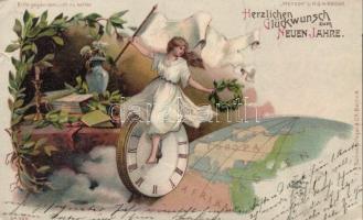 New Year, globe, clock, litho (small tear)