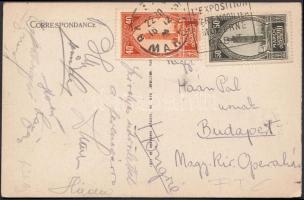 cca 1930-1940 Az FTC játékosainak üdvözlőlapja aláírásukkal Haán Pál számára a Magyar Királyi Operaházba Maroccoból.