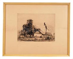 Boldizsár István (1897-1984): Nagy mosás a tanyán. Rézkarc, papír, jelzett, üvegezett keretben, 21×29 cm