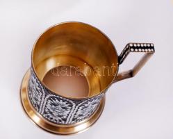 Aranyozott ezüst (Ag.)teás pohár tartó, jelzett, rekeszzománc díszítéssel, bruttó:180 g m:8 cm, d:6,...