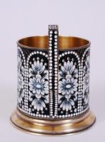 Aranyozott ezüst (Ag.)teás pohár tartó, jelzett, rekeszzománc díszítéssel, bruttó:180 g m:8 cm, d:6,...