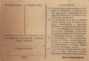 1946. 100.000AP nem kamatozó Pénztárjegy "Másra Át Nem Ruházható" és "M.Kir.Postataka...