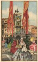 Barocco Veneziano, La Torre dellOrologio / The clock tower, carnival, Italian art postcard s: Bertani