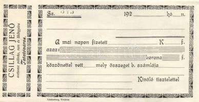 5db kitöltetlen csekk: ~1920. Tatatóváros "Csillag Jenő ecetszesz pálinka, rum és likőrgyár", Eger "Magyar Nemzeti Bank", Budapest "Magyar Általános Hitelbank", Budapest ~1940. "Keszthelyi és Társai Bank Rt.", Budapest ~1950. "Országos Takarékpénztár XIII. kerületi fiókja" T:1,2