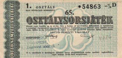 1950. "65. Osztálysorsjáték" 1., 2., 3. és 4. osztály 1/8 sorsjegy (4x) T:I,I-