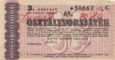 1950. "65. Osztálysorsjáték" 1., 2., 3. és 4. osztály 1/8 sorsjegy (4x) T:I,I-