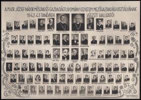 A Magyar Királyi József Nádor Műszaki és Gazdaságtudományi Egyetem mezőgazdasági osztályának végzett hallgatói 1942-1943-as tanévben, tablókép, 21x15 cm.