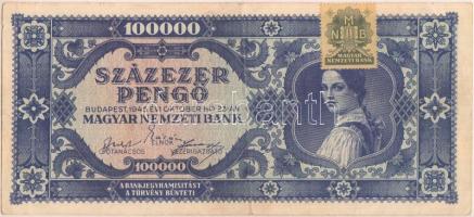 1945. 100.000P "kék"! bélyeggel T:III(hajtásnál aprócska szakadás) RR!! Hungary 1945. 100.000 Pengő blue type with stamp C:F(tiny tear) Rare Adamo P24e