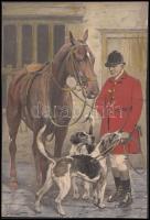 Geo Wright jelzéssel: Készülődés falkavadászatra, vegyes technika, 12x18 cm, sérült.