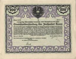 Ausztria / Bécs 1920. 4%-os államadóssági kötvény 200 Koronáról egy szelvénnyel T:II Austria / Vienna 1920. "Staatsschuldverschreibung" bond about 200 Corona with one coupon C:XF