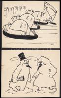 2 db Altorjay jelzéssel, karikatúra: Szüreti számadás, Hóemberek egymás között, 12x10 cm.