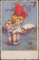 Children, artist signed Italian art postcard