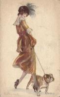 Lady with dog, Italian art postcard, artist signed (EK)
