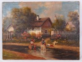 Mónus jelzéssel: Mosó asszonyok. Olaj, vászon, 58×78 cm