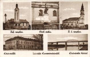 Kunszentmárton, Református templom, Hősök szobra, Római katolikus templom, Kőrös szálló, Kőrös, híd (EK)