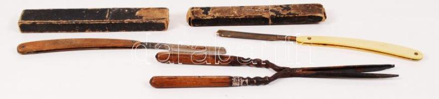 Régi hajsütő vas és 2 db borotva tokban / vintage hair tong and two razors