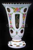 Virág mintás üveg váza, többrétegű, kézzel festett, hámozott, hibátlan m: 23 cm, d: 15 cm