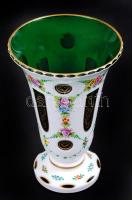 Virág mintás üveg váza, többrétegű, kézzel festett, hámozott, hibátlan m: 23 cm, d: 15 cm